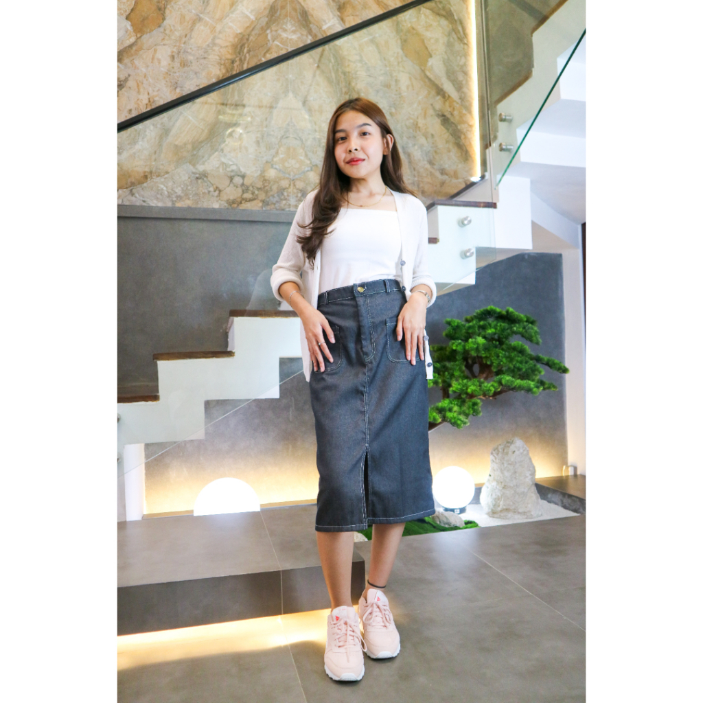 HINUNA — FREYA DENIM SKIRT / ROK KARGO MIDI / CASSA SKIRT CARGO HIGHWAIST 7/8 KARET BELAKANG