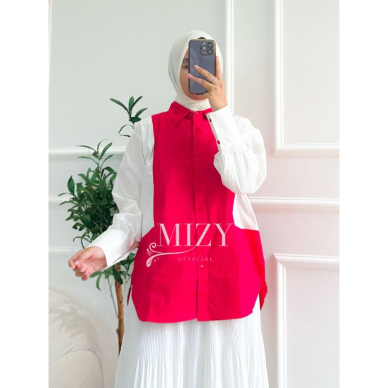 LAORA HAORA BASIC MERAH PUTIH Atasan Kemeja Wanita Muslim Muslimah Lengan Panjang Bahan Crinkle Full