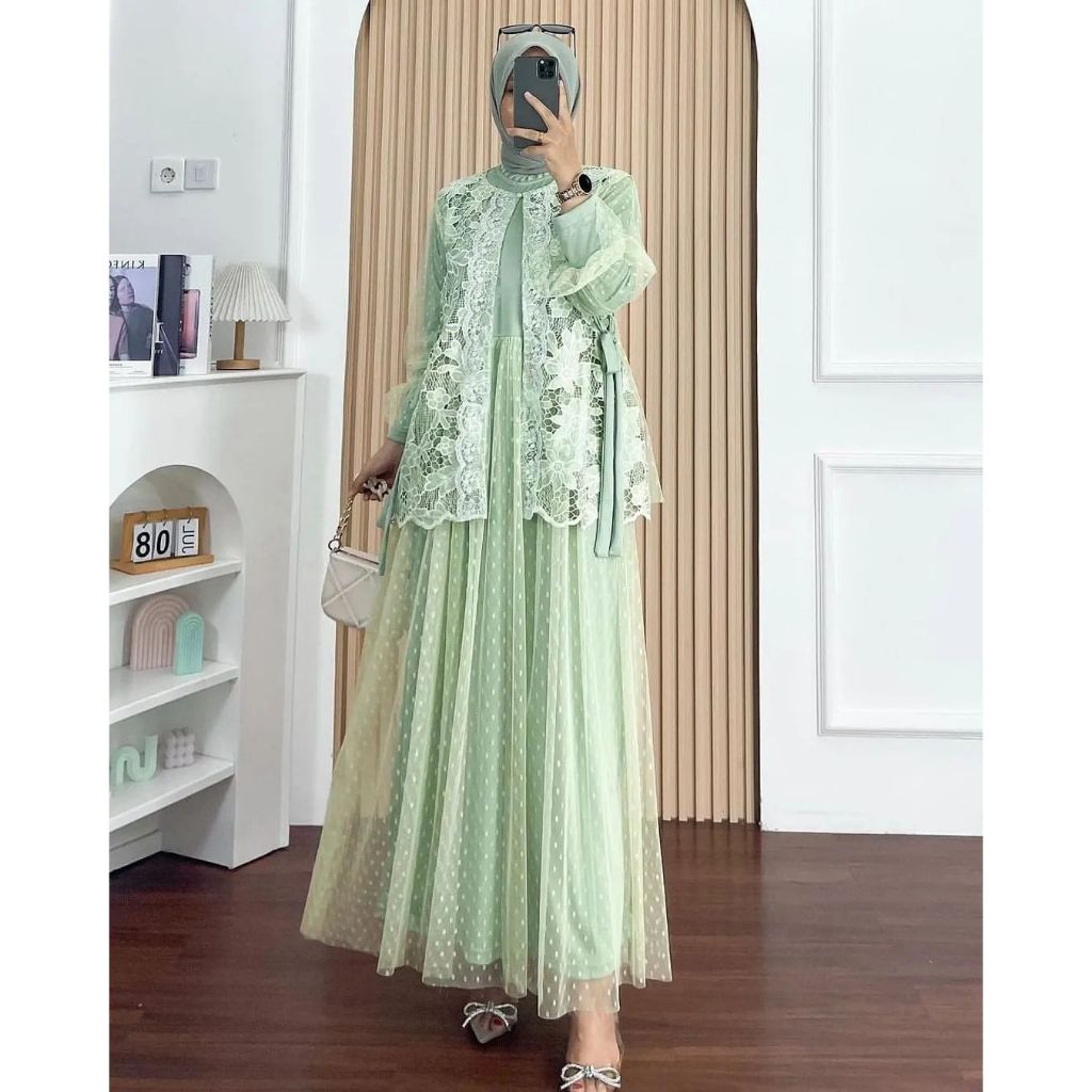 Azzura Dress Baju Dress Panjang Kondangan Bahan Velvet Mix Tile DotSize M L XL Dress Pesta Wanita Ca