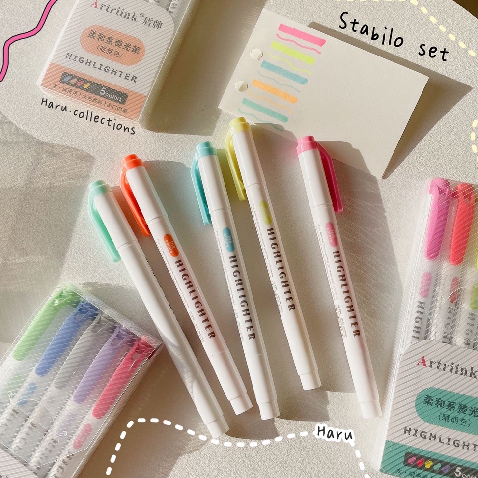 

KODE L22O HARU 5pcs Mildliners Set Stabilo Dual Tip Zebra Model Doublesided Highlighter Brushpen