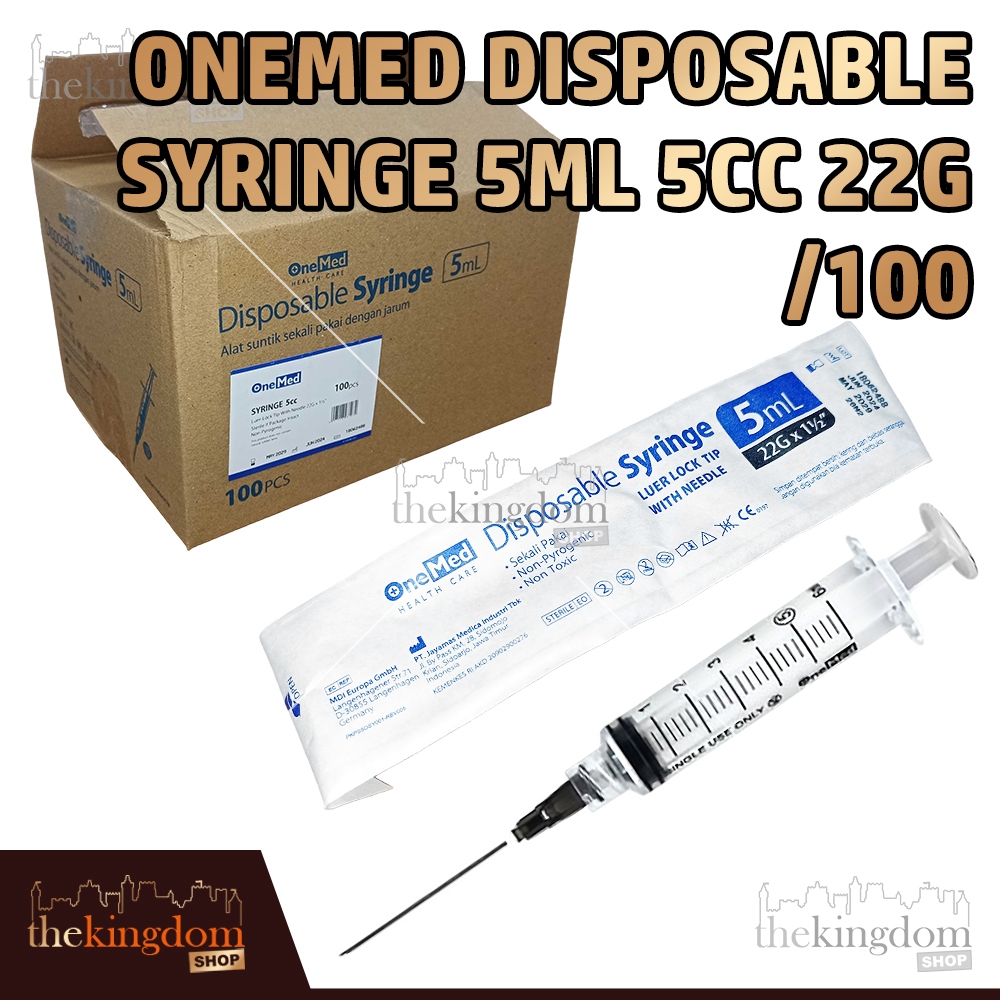 Onemed Disposable Syringe 5ml 5cc 22G /100 Box Spuit Sterile Jarum Suntik Steril Luer Lock Tip Needl