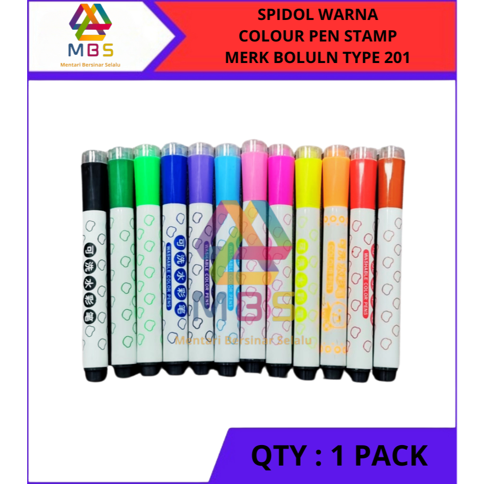 

SPIDOL WARNA COLOUR PEN STAMP MERK BOLUN TYPE 201 1 PACK ISI 12 WARNA