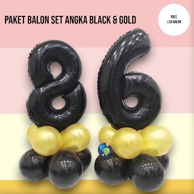Paket Balon Black Gold Angka / Set Dekorasi Ulang Tahun