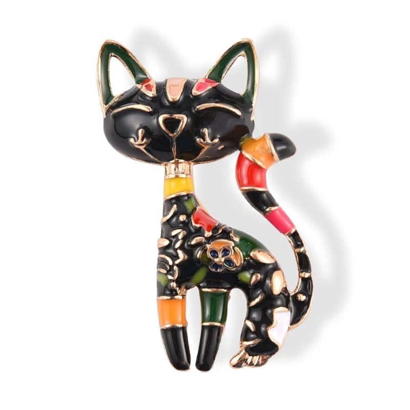 bros peniti enamel kucing hitam bunga bunga