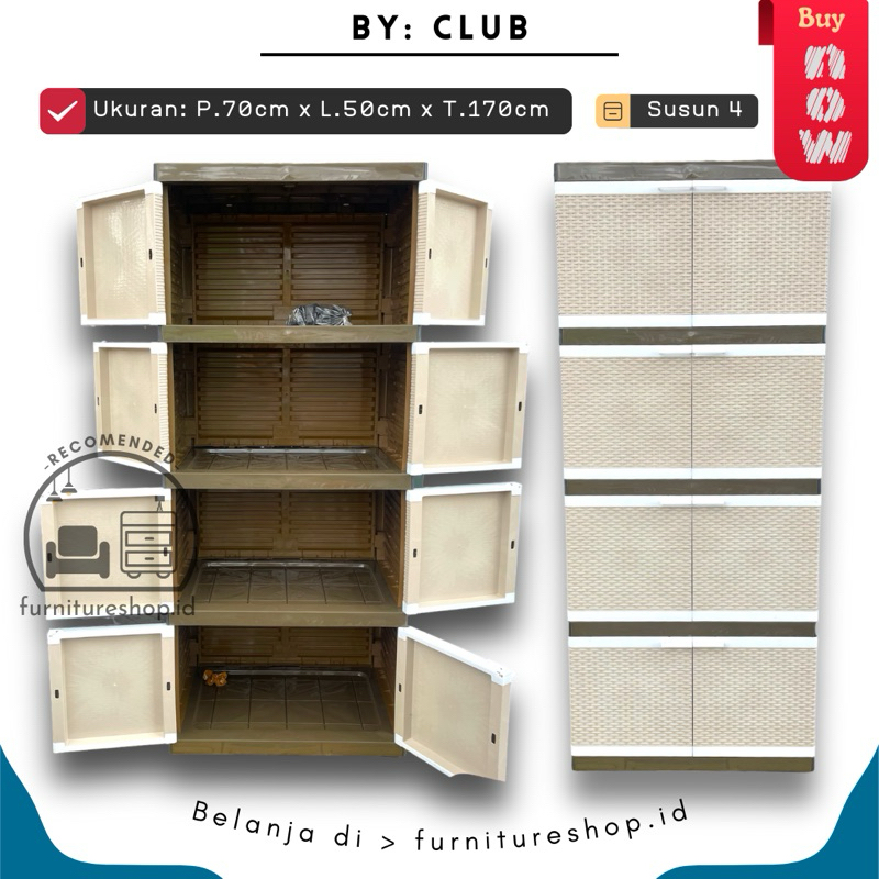 Club - Lemari Pakaian Plastik Susun 4 / Lemari Plastik Baju Motif Rotan
