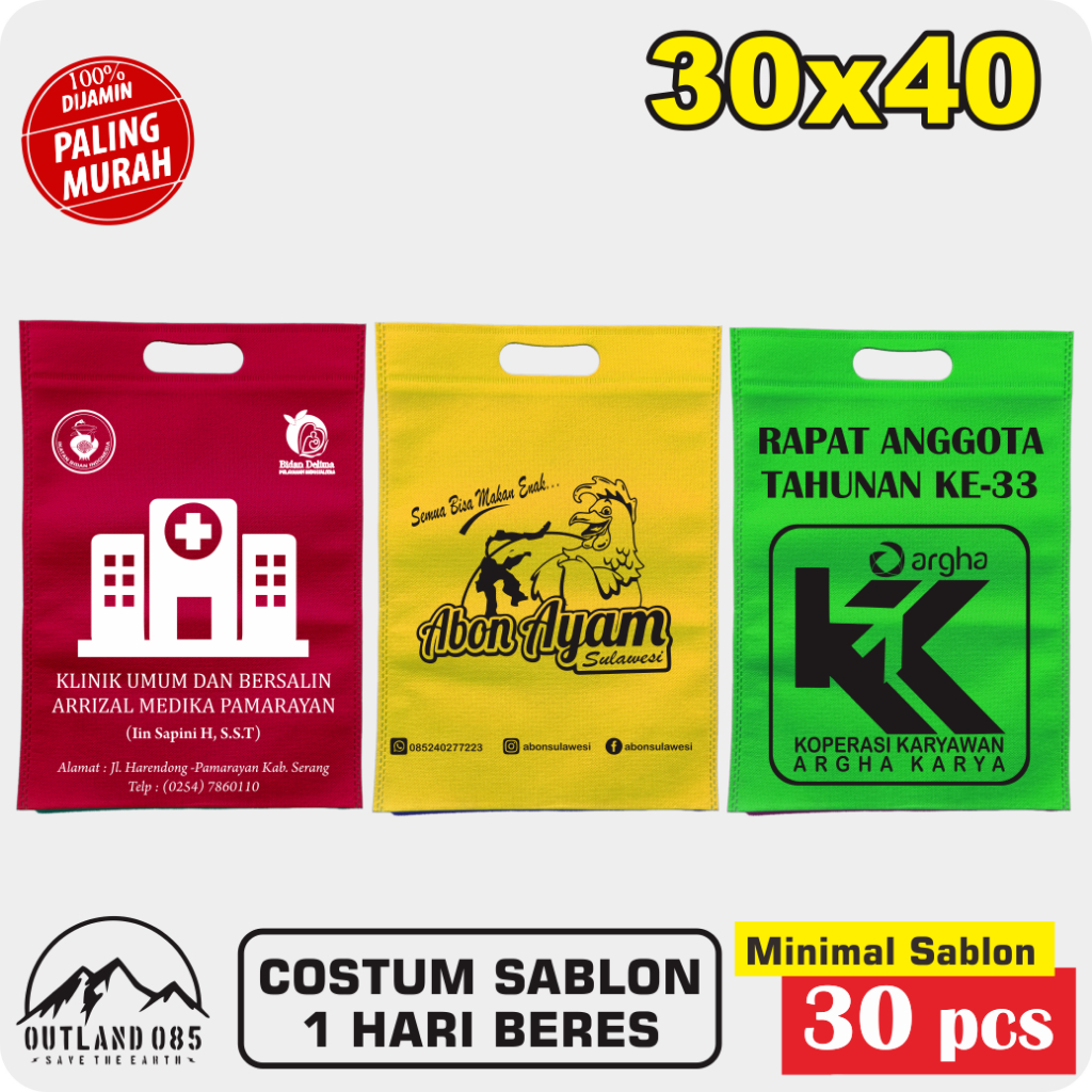 

SABLON CUSTOM 30x40 souvenir hadiah bonus aksesoris spunbond non wovemen polos