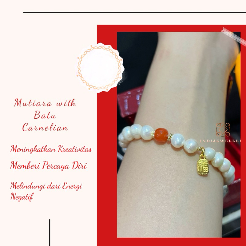 Gelang Mutiara Air Laut Asli dengan Batu Carnelian dengan Kotak Gelang