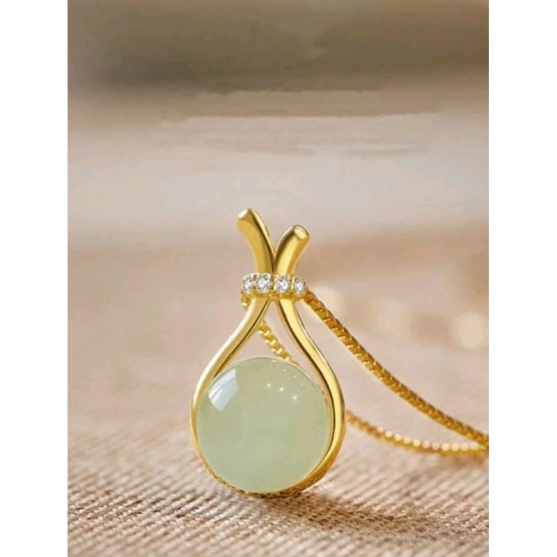 Kalung Rantai Italy Liontin Giok Hijau Bahan Titanium Asli Lapis Emas 23k