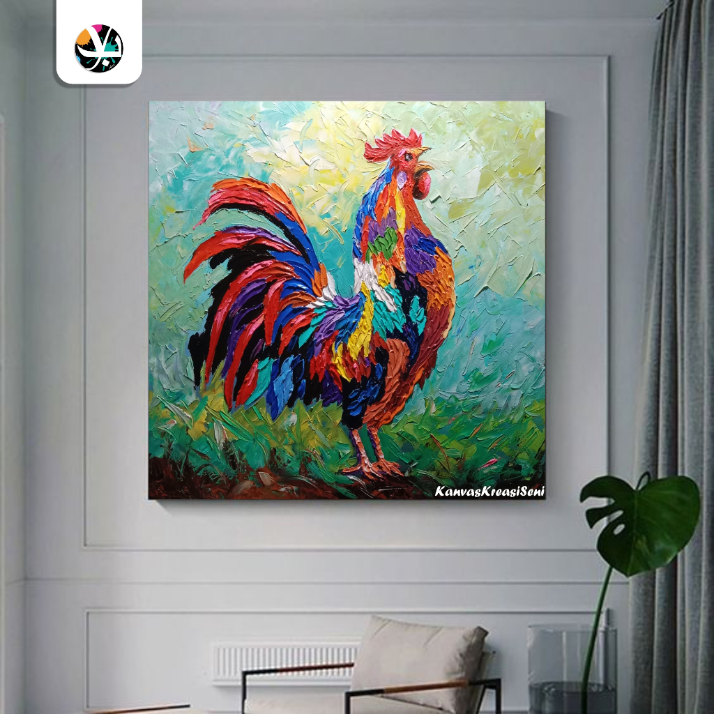 Lukisan kanvas ayam semi pop art - lukisan ayam timbul teknik ( Palette ) - lukisan plus frame