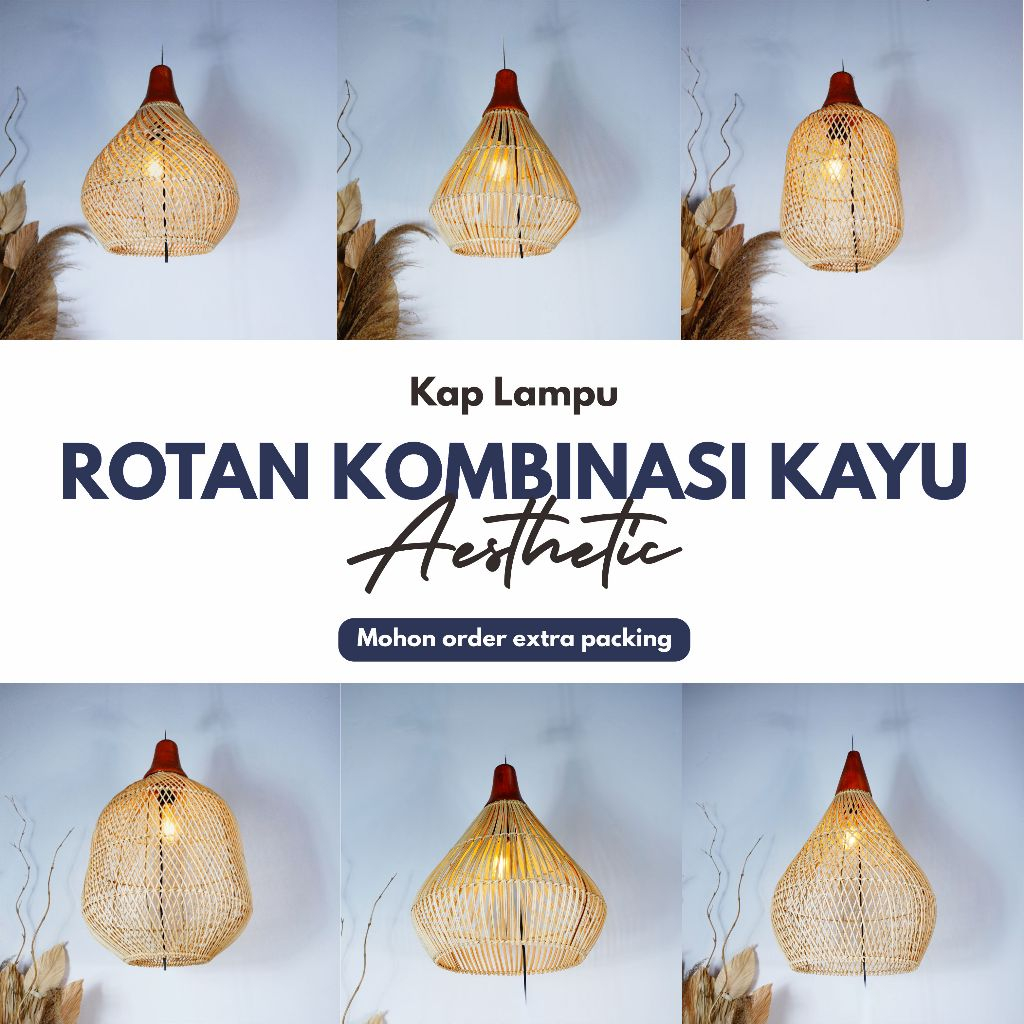 Kap Lampu Gantung Rotan Kombinasi Kayu Aesthetic