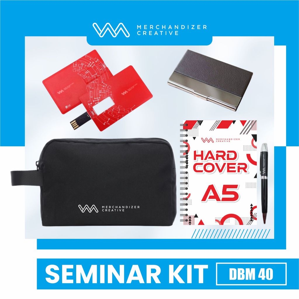 

Pouch, Notebook A5 Spiral, Pulpen Sablon, dan Cardholder - Custom Seminar Kit