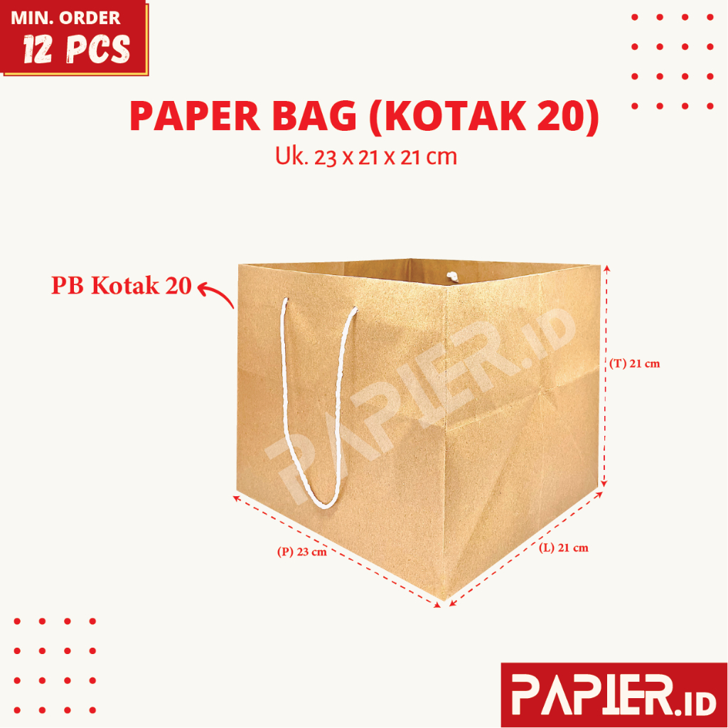 

(isi 12pcs) Paper Bag Kraft Kotak Nasi 20 uk. 23x21x21 cm / Tas Kantong Kertas Coklat Polos Dus Box Nasi 20x20