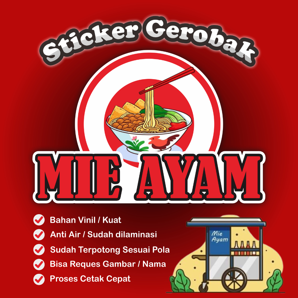 

Sticker Mie Ayam, Sticker Gerobak, Sticker Etalase, Sticker Kaca, Sticker Nama Usaha, Sticker Custom