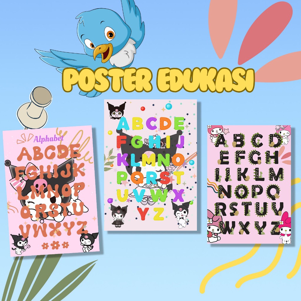 Poster Edukasi Anak - Huruf Alfabet Gambar KUROMI  / Abjad | Balita, PAUD, TK, SD PREMIUM Berkulitas