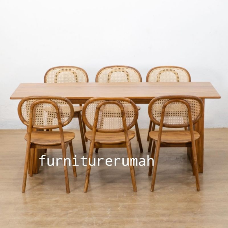 meja makan 6 kursi kayu jati rotan minimalis, set meja makan 6 kursi minimalis kayu jati rotan