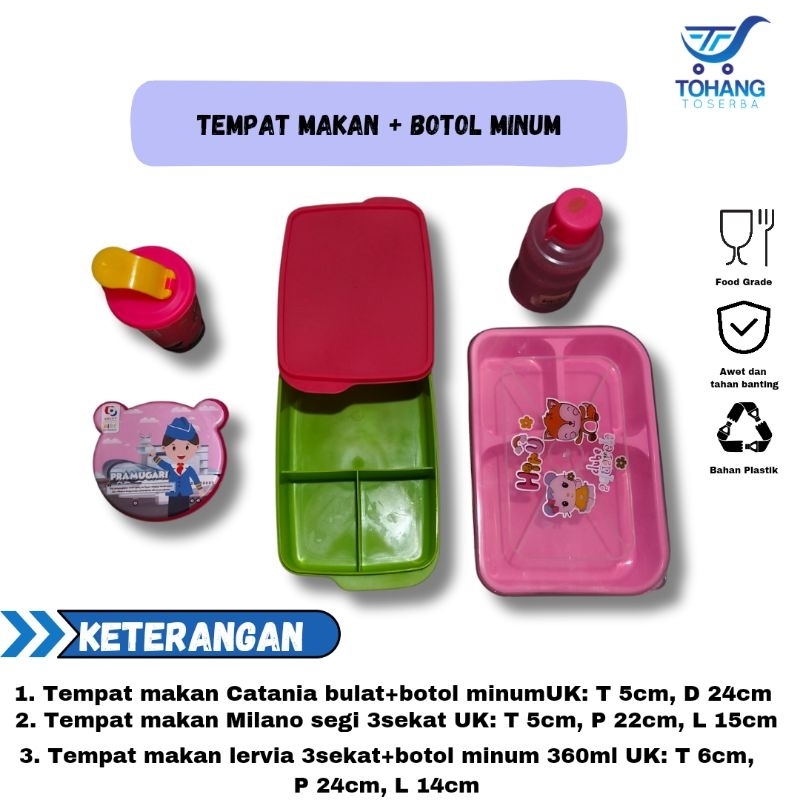 Ompreng + botol plastik , kotak makan + botol minum , kotak bekal makan anak