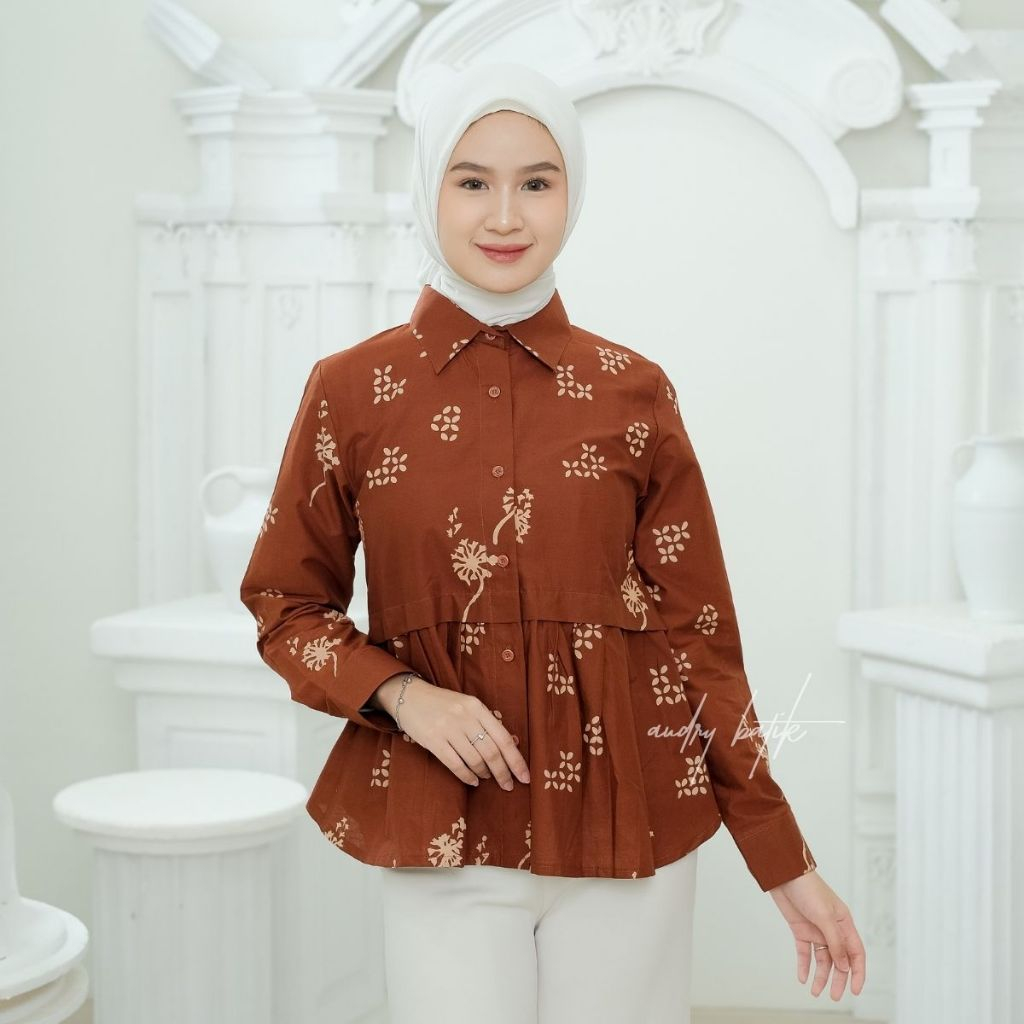 Audry Batik - Alexa - Blouse Batik Kerja Wanita Hijab Modern Motif Batik Kawung Maroon Bata