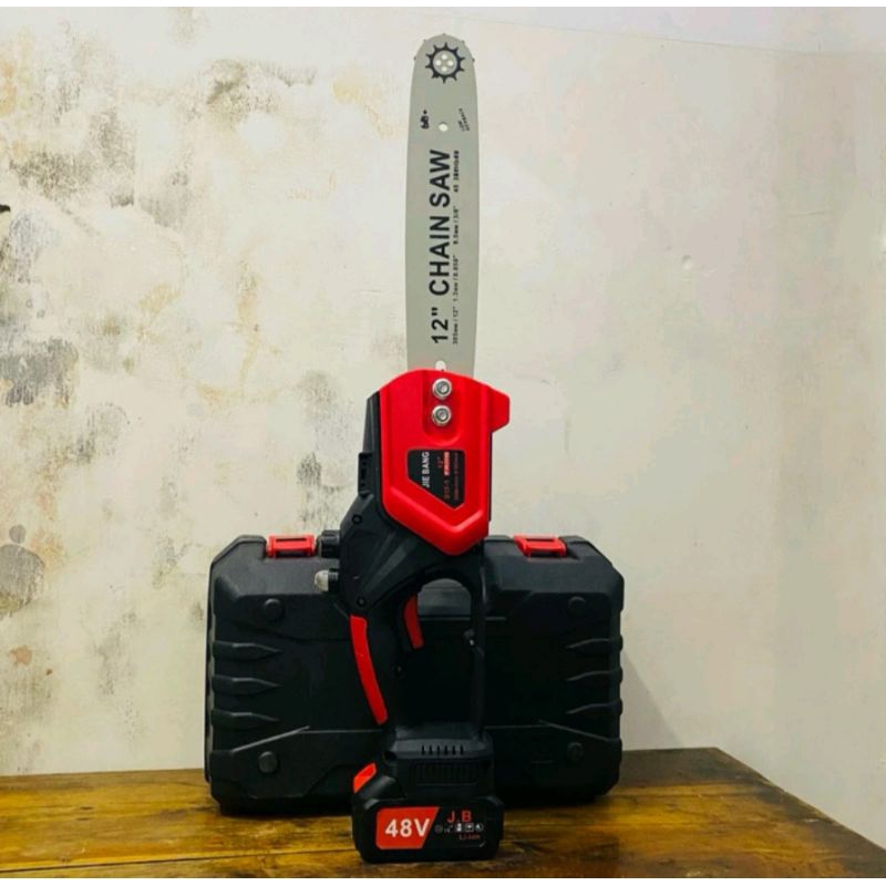 Mesin pemotong kayu elektrik 12inch portable Chain Saw cordless F8771 paket set 2 batre cas