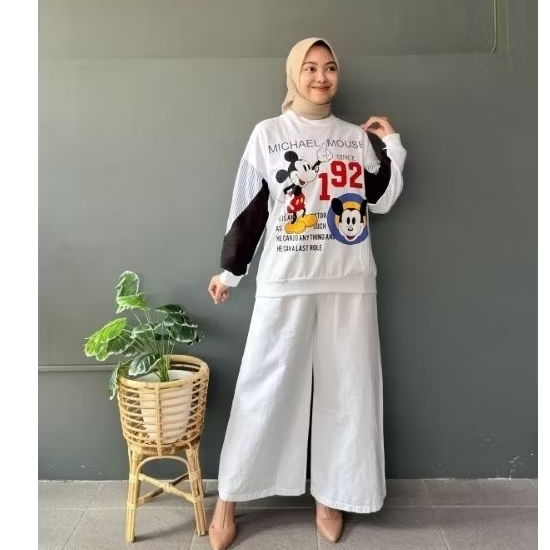 Setelan Kulot Jeans Putih Non Stretch Fit XL Lezahrasignature Set Miki Salur