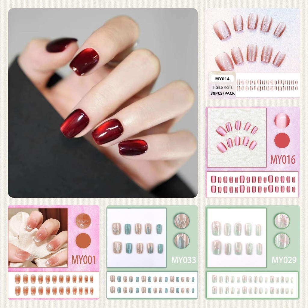 Kuku Palsu Opal Permata Mata Kucing Nail Art Aesthetic Dan Lem Merah Pink Coklat Polish Cat Eye