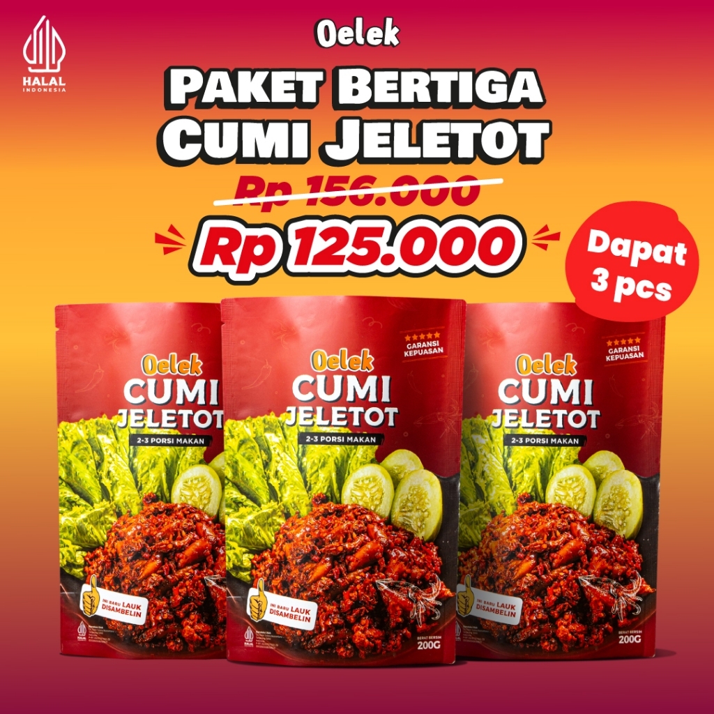 

PAKET 3 PCS CUMI JELETOT BY OELEK - 3 PACK CUMI JELETOT/CUMI CABE MERAH/LAUK SIAP SAJI 200 GR