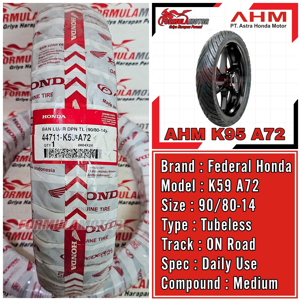 90/80-14 Federal Honda AHM K59 A72 Ring 14 Tubeless - Ban Depan Vario-150/LED Tubles