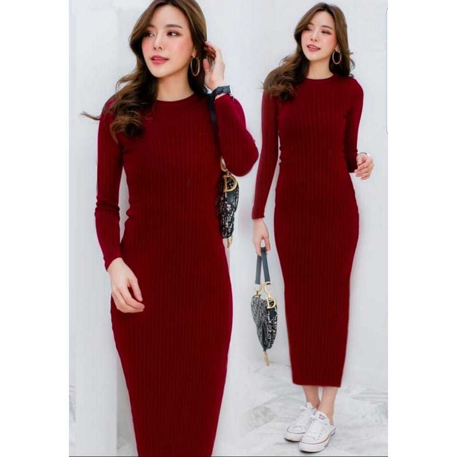 Long Dress Casual Wanita Dress Rajut BodyCon Dress Lexy Rajut Lengan Panjang