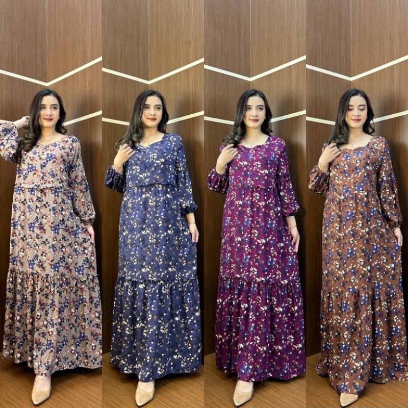 GALERIAZKIYA ELISA DRESS BY HAWET PERMATA/ LONG DRESS KATUJ RAYON PREMIUM MOTIF/ HOMEDRESS LENGAN PA