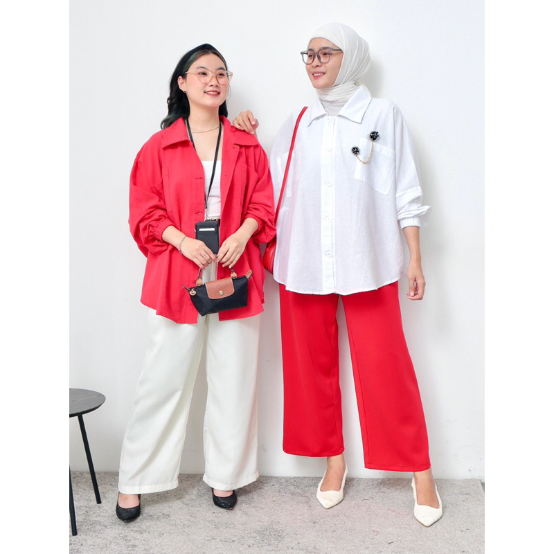 Kemeja Wanita Korean Style Lengan Balon Suki Merah Putih Linen Oversize Jumbo Bigsize