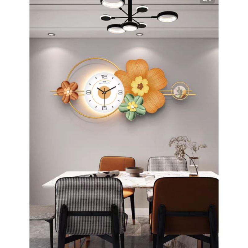 8.8 big promo jam dinding bunga terbaru uk 80x35cm  LED +remot dekorasi dinding ruang tamu jam mewah