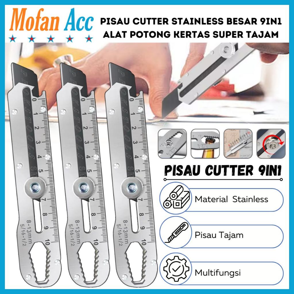 

Pisau Cutter Stainless Besar 9in1 Super Tajam Tahan Karat / Penggaris Screw Buka Kaleng Tutup Botol Baut Sekrup Mur Cuter Kater Kunci Heksagonal Alat Potong Kertas Unboxing Packing Bangunan Stainless Baja Knife Pack Kardus Buble Plastik Kabel Iris Jumbo