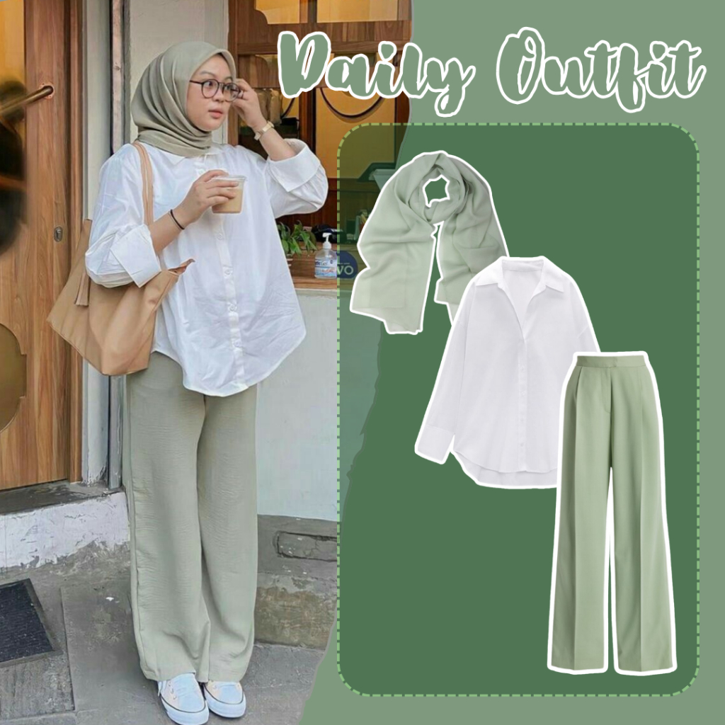One Set Sage Outfit OOTD (Hijab Bella Square + Kemeja Halus + Celana Kulot Crinkle Airflow)RF017