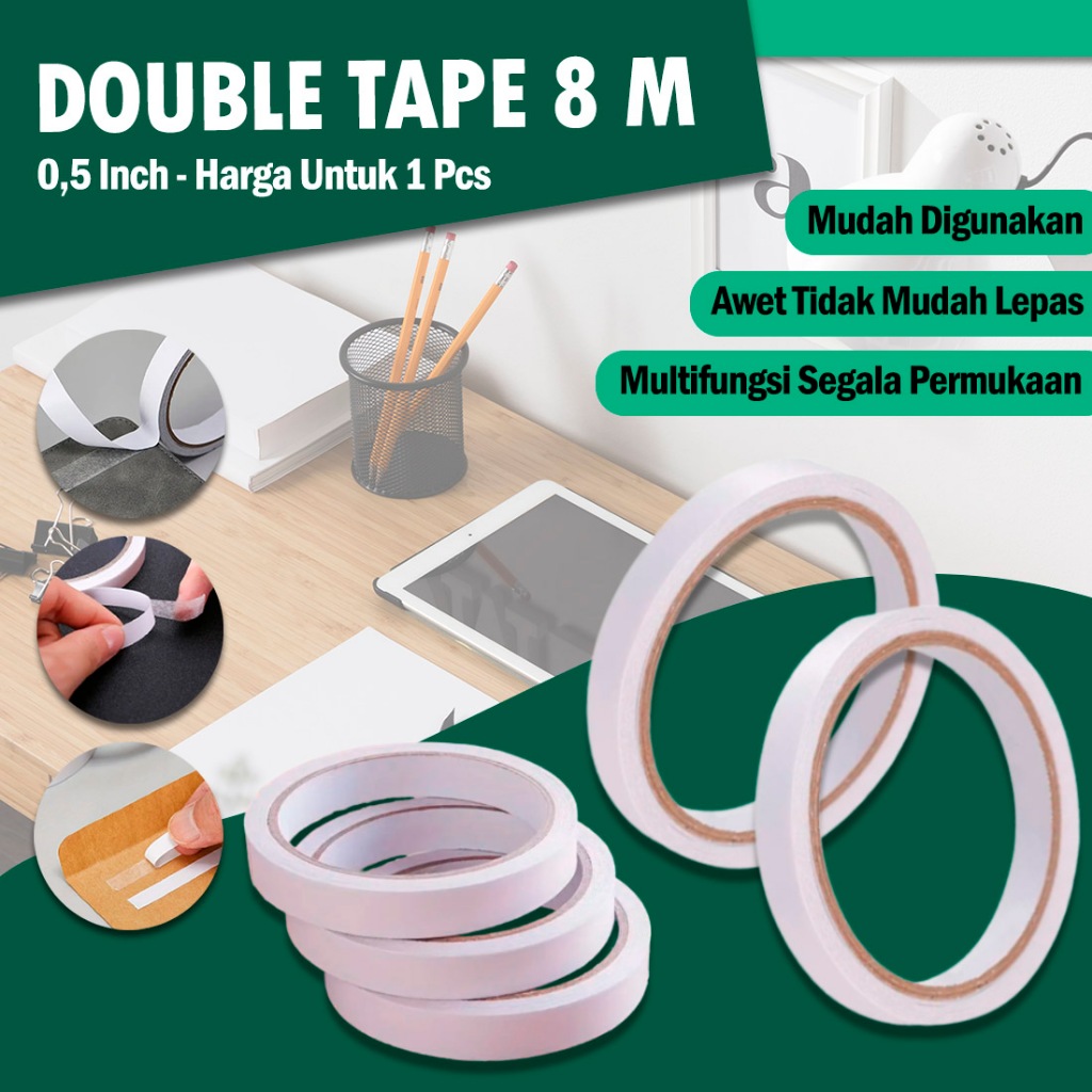 

IDEKU 8 Meter Double Tape 1/2 Inch – Solatip Dua Sisi Isolasi Kertas Double Tape 12 MM Double Tape 1/2 Inch Perekat Transparan Kecil