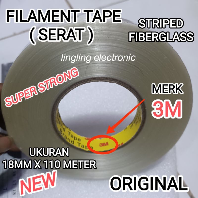 FILAMENT TAPE 3M 18MM X 110 METER LAKBAN SERAT SUPER STRONG ORIGINAL PROMO