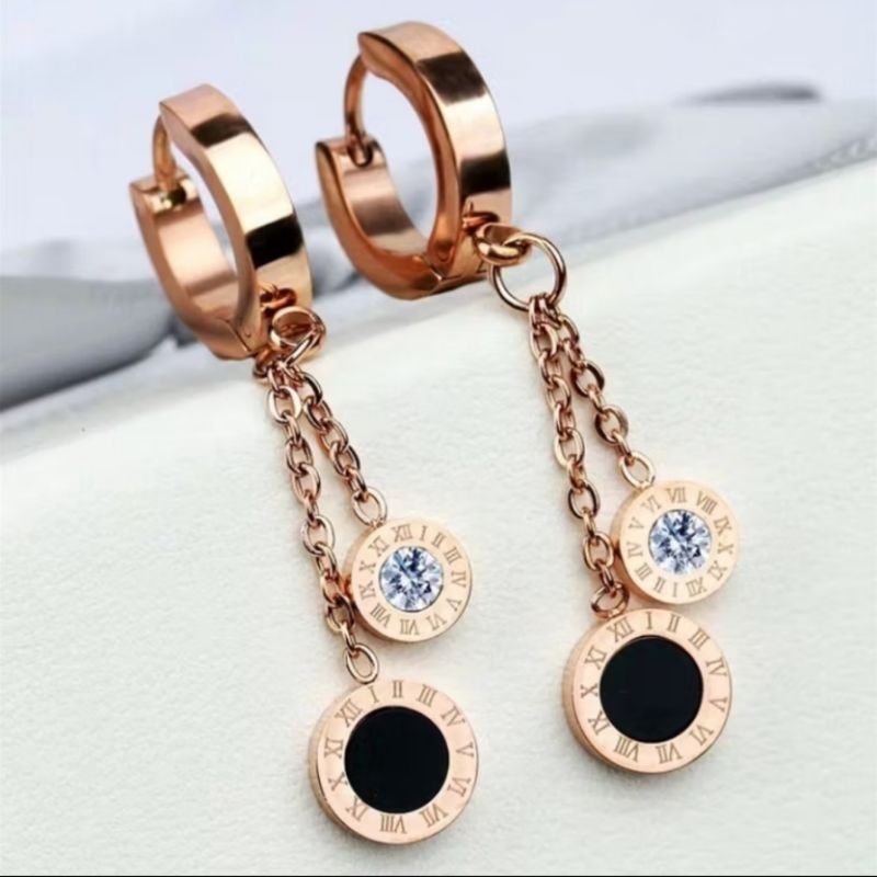 anting panjang titanium model bulat bola hitam, anti karat