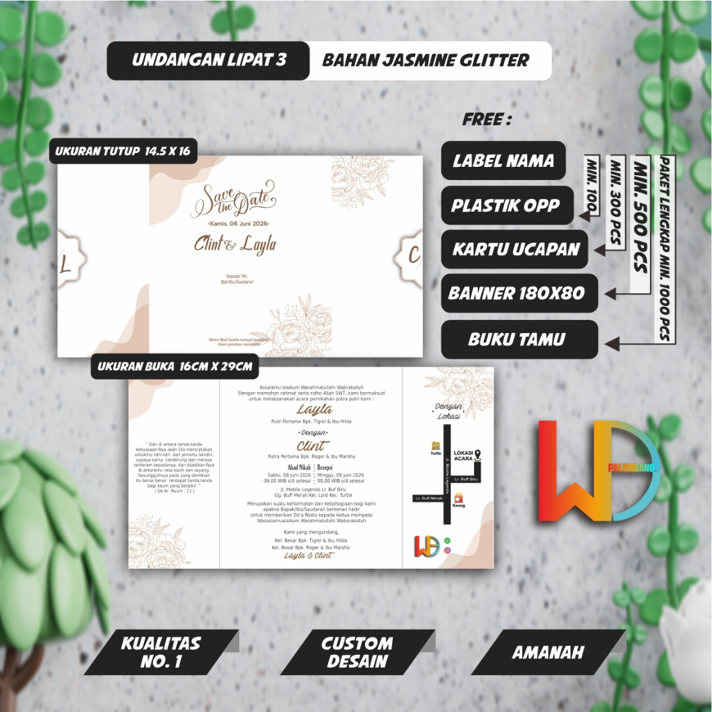 Undangan Lipat 3  Jasmine Terbaru Termurah