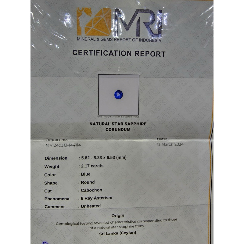 Cincin Batu Natural Permata Blue Star Safir Origin Ceylon (Sri Langka)