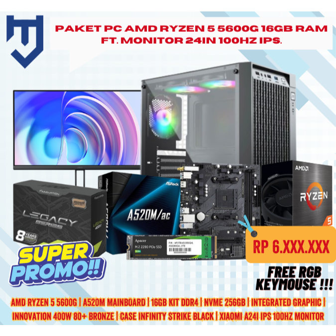 Paket PC AMD Ryzen 5 5600G 16GB RAM Ft. Monitor 24In 100Hz IPS.