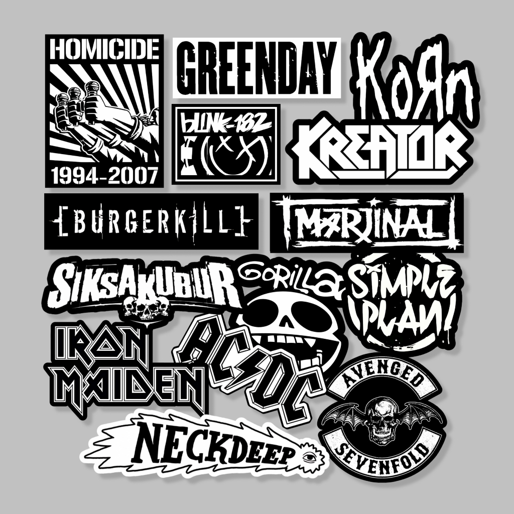 

STICKER BAND METAL MUSIC ROCK ISI 15PCS HITAM PUTIH STICKER HELM, LAPTOP, CASE HP VOL 10