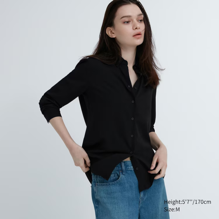 UNIQLO Kemeja Kerja Kasual Blus Rayon Lengan Panjang - Hitam Wanita