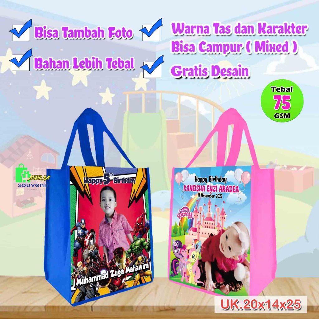 

TAS ULTAH ANAK CUSTOM GOODIE BAG HAMPERS ULANG TAHUN UK 20 x 14 x 25 BAHAN TEBAL 75 GSM 2 HARI JADI