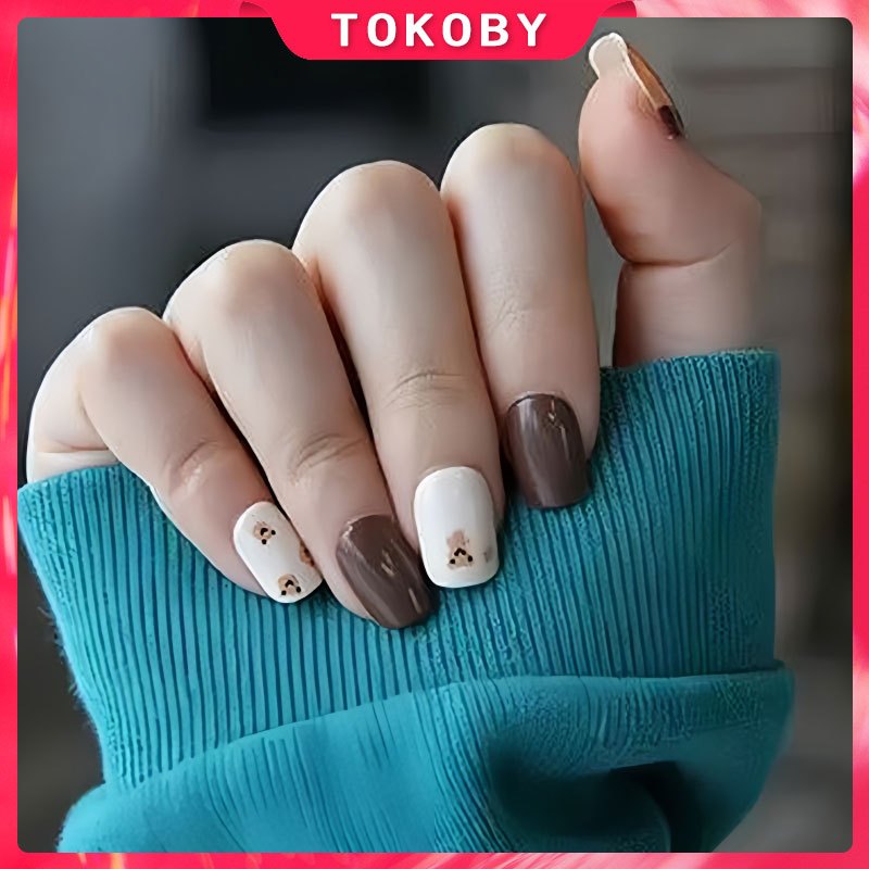 24 pcs Kuku Palsu 3D motif Beruang lucu + lem