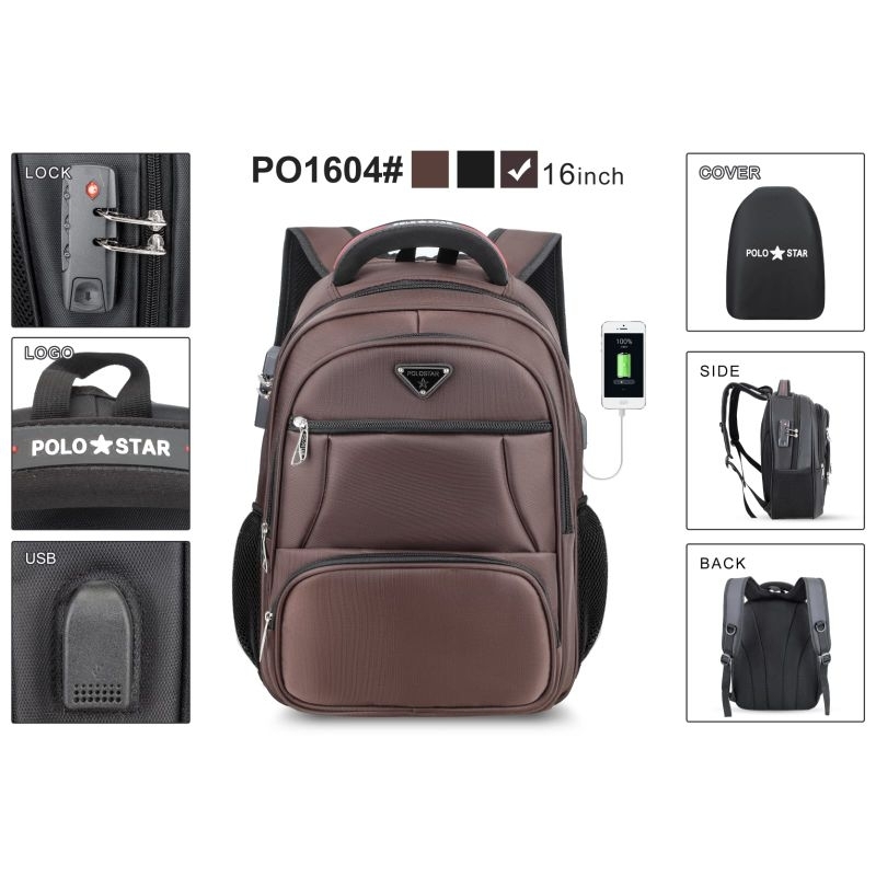 tas ransel bermerek polo star original USB dan bonus rain cover ukuran 18 inch berkualitas import