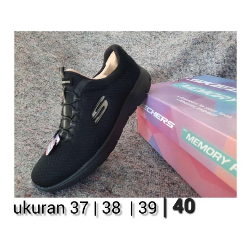 sepatu sport kerja wanita skechers original hitam polos skechers full black summits