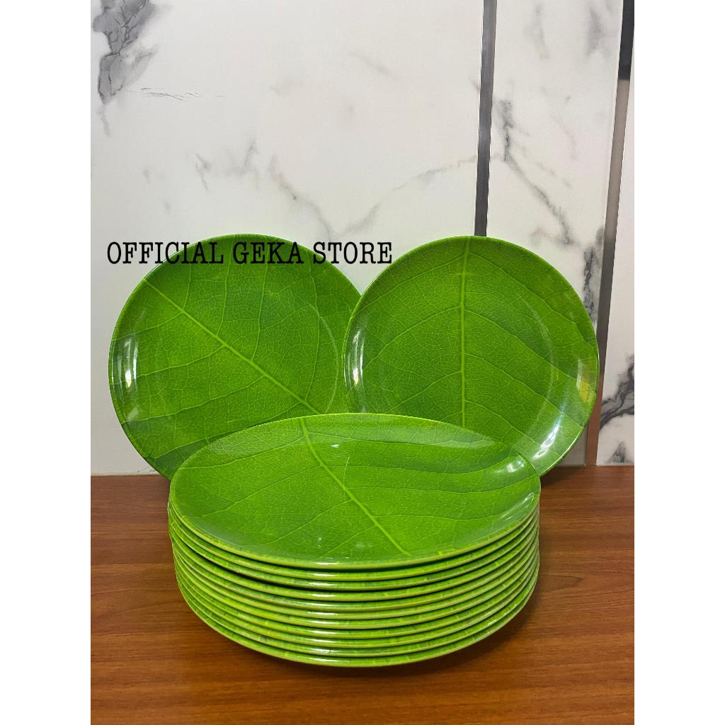 6 PCS PIRING MELAMIN BULAN 9.5 INCH MMOTIF DAUN / MODEL BULAT CEPER MOTIF DAUN HIJAU  ASLI