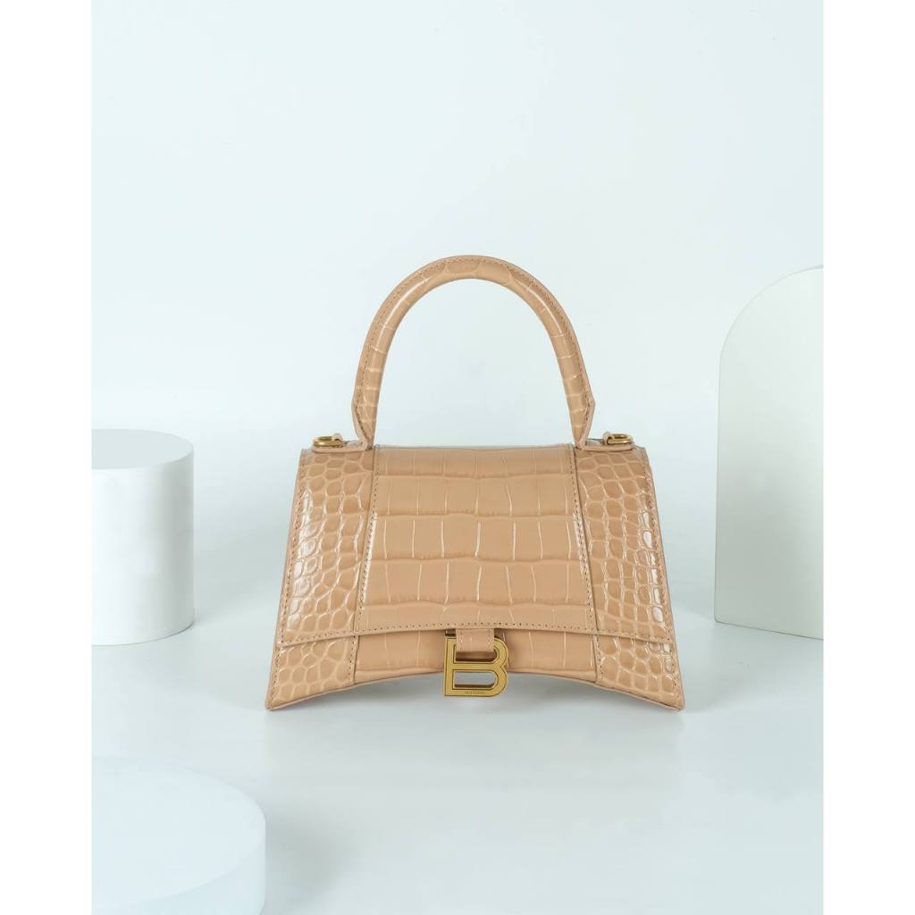 Balenciaga Hourglass Small Top Handle Croco Nude Beige