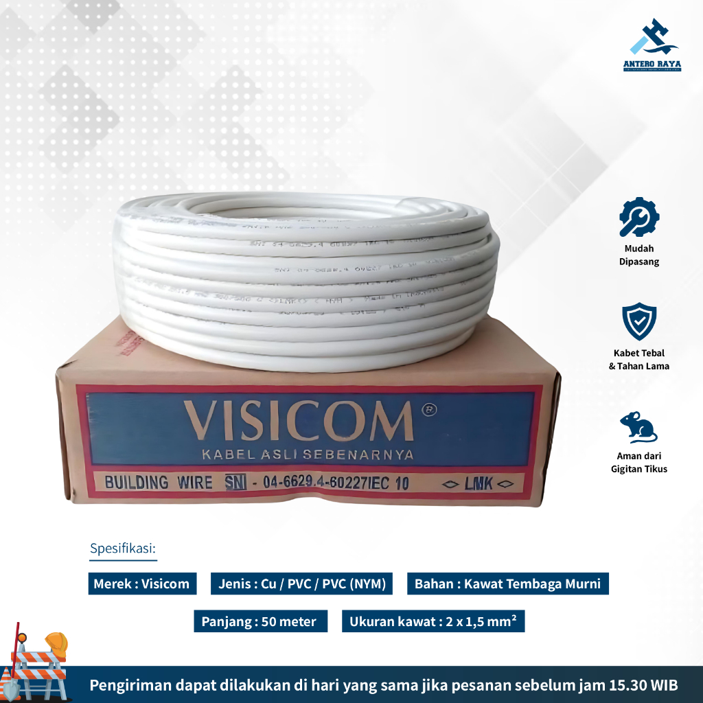 Kabel Listrik NYM Visicom 2 X 1.5 mm SNI LMK Panjang 50 Meter Full Kawat Tembaga Murni