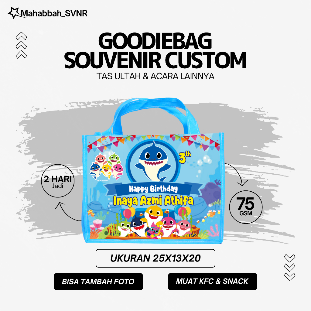 

Tas Ultah Goodie bag Custom Baby Shark Terlaris ukuran 25x13x20