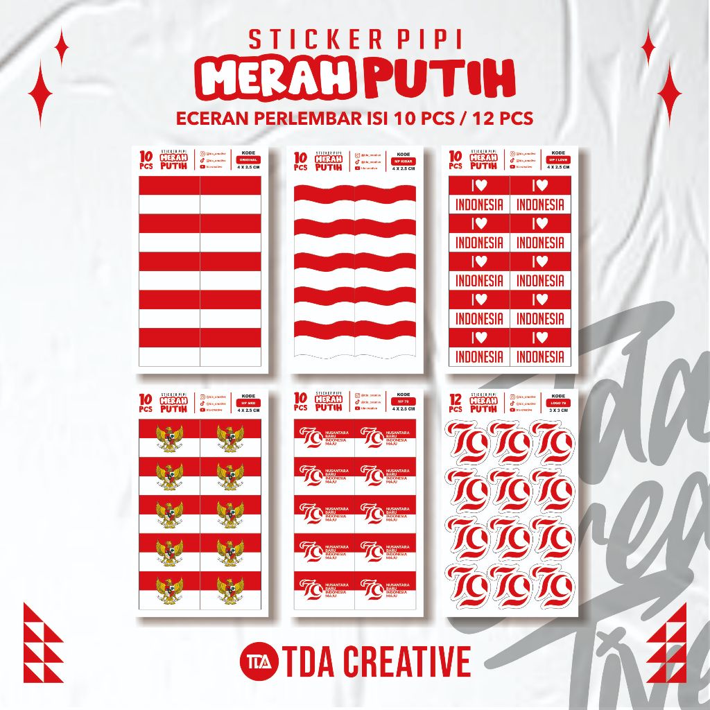 

[4x2.5cm] Sticker Pipi Besar HUT RI Sticker Kemerdekaan Indonesia / Bendera Merah Putih / Pancasila / I Love Indonesia / Sticker Pipi kecil / HUT RI 79 tahun