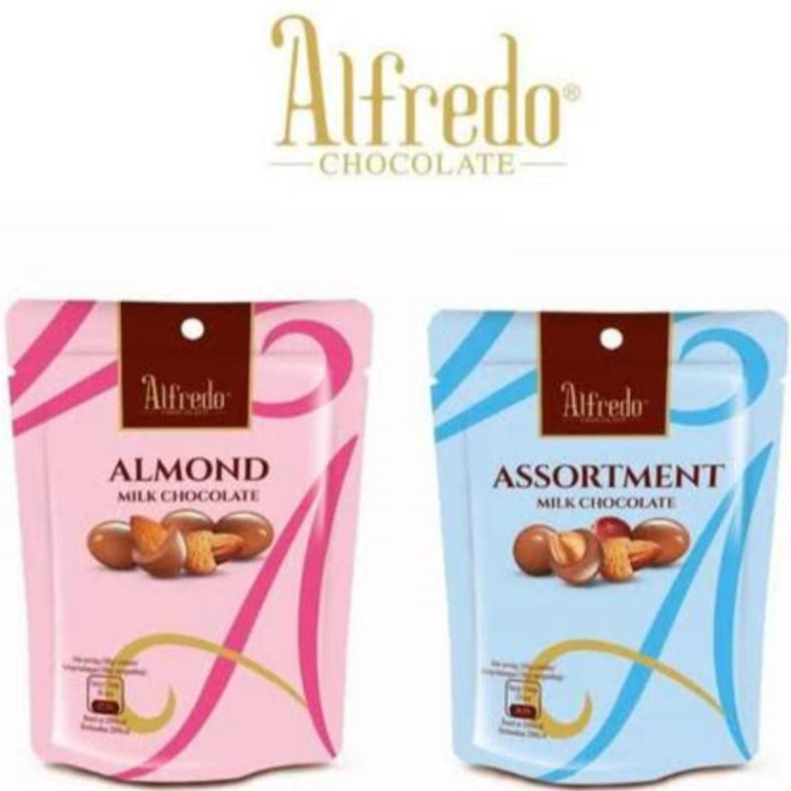 

Alfredo Cokelat Susu Isi Almond Kismis Hazelnut Assortment Milk Chocolate Kemasan Pouch 30g Halal